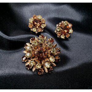 Vintage 1960s Rhinestone Brooch Earrings Set With Amber Champagne Tones Floral S